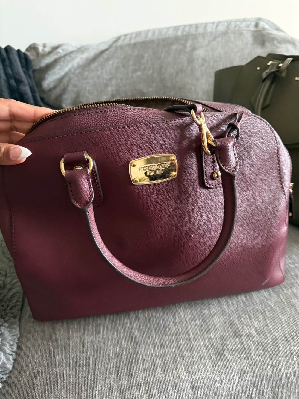 Michael Kors Burgundy Saffiano Dome Satchel with Gold Hardware